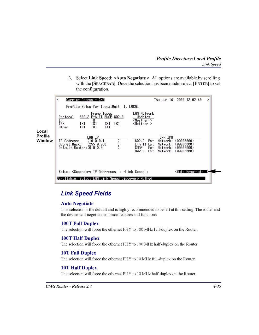 Carrier Access CMG Router user manual Link Speed Fields 