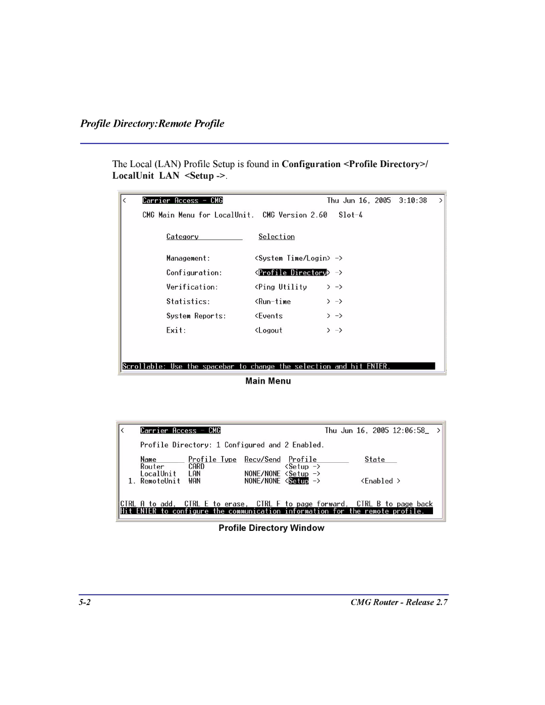 Carrier Access CMG Router user manual Profile DirectoryRemote Profile, LocalUnit LAN Setup 