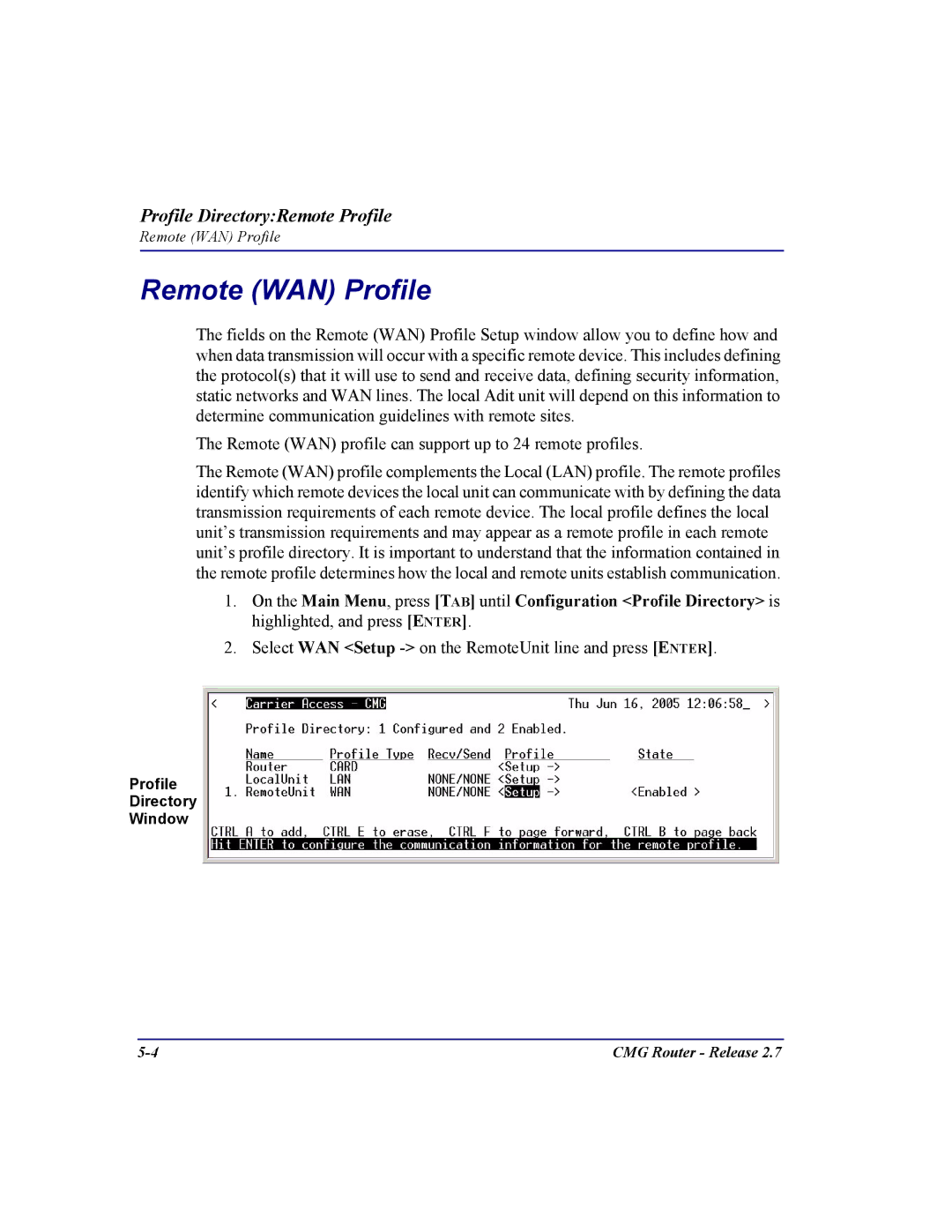 Carrier Access CMG Router user manual Remote WAN Profile 