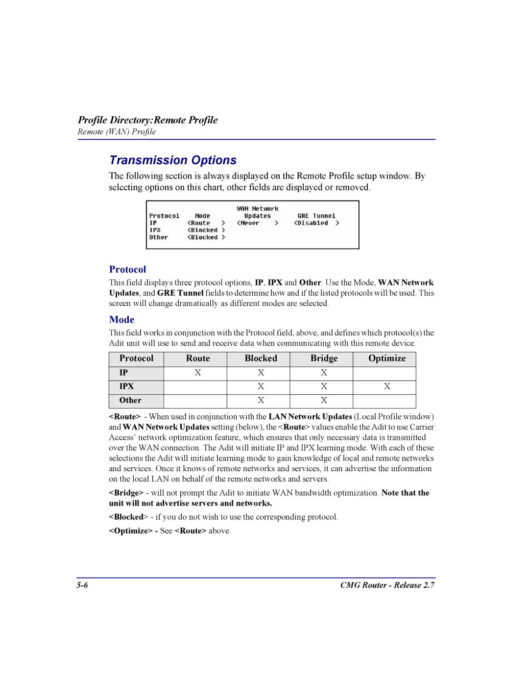 Carrier Access CMG Router user manual Transmission Options, Mode, Protocol Route Blocked Bridge Optimize 