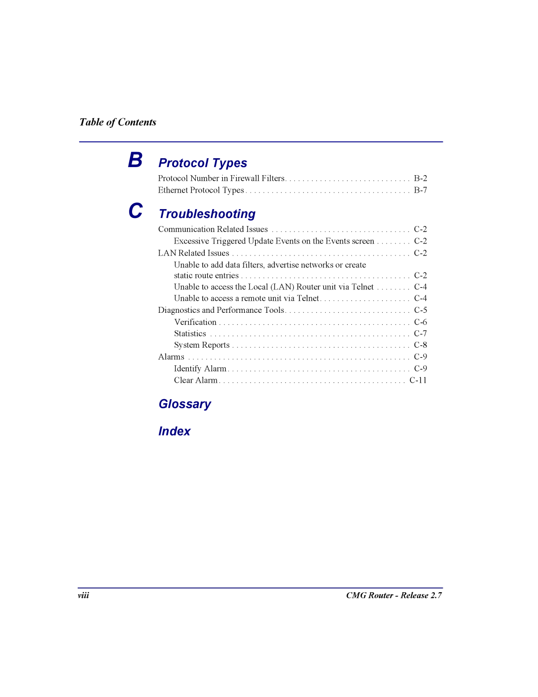 Carrier Access CMG Router user manual Protocol Types, Troubleshooting, Glossary Index 