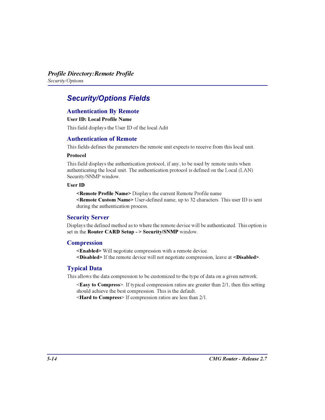 Carrier Access CMG Router user manual Security/Options Fields, Security Server, Compression, Typical Data 