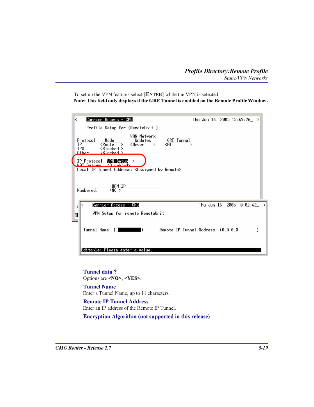 Carrier Access CMG Router user manual Tunnel data ?, Encryption Algorithm not supported in this release 