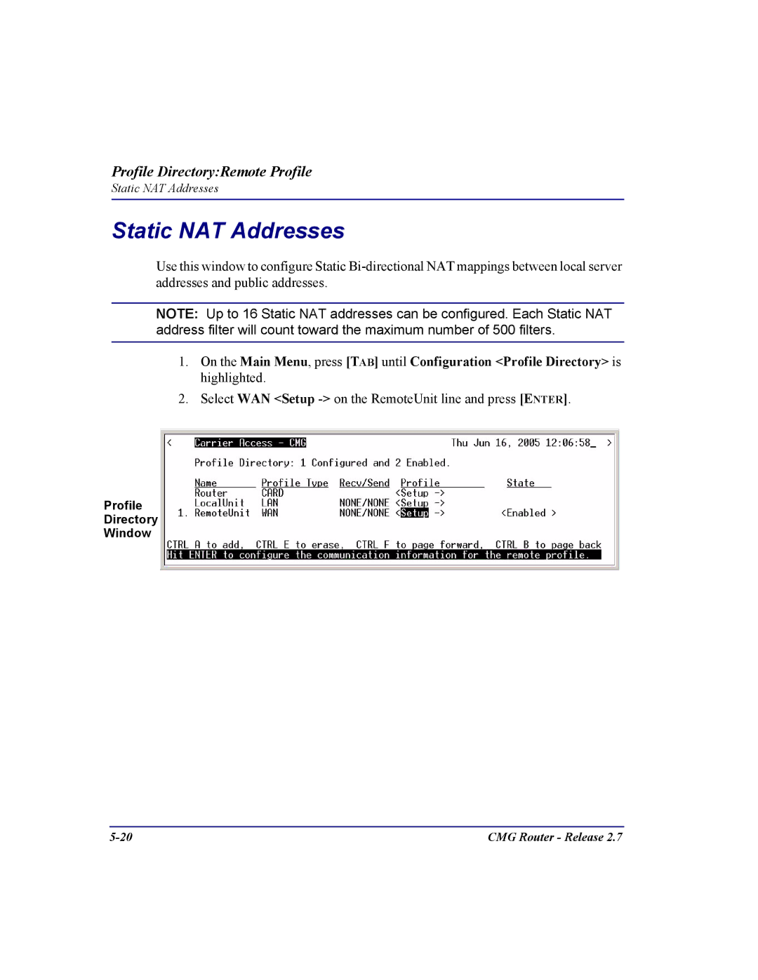 Carrier Access CMG Router user manual Static NAT Addresses 