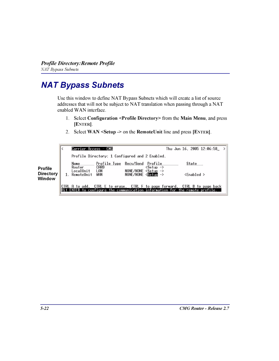 Carrier Access CMG Router user manual NAT Bypass Subnets 