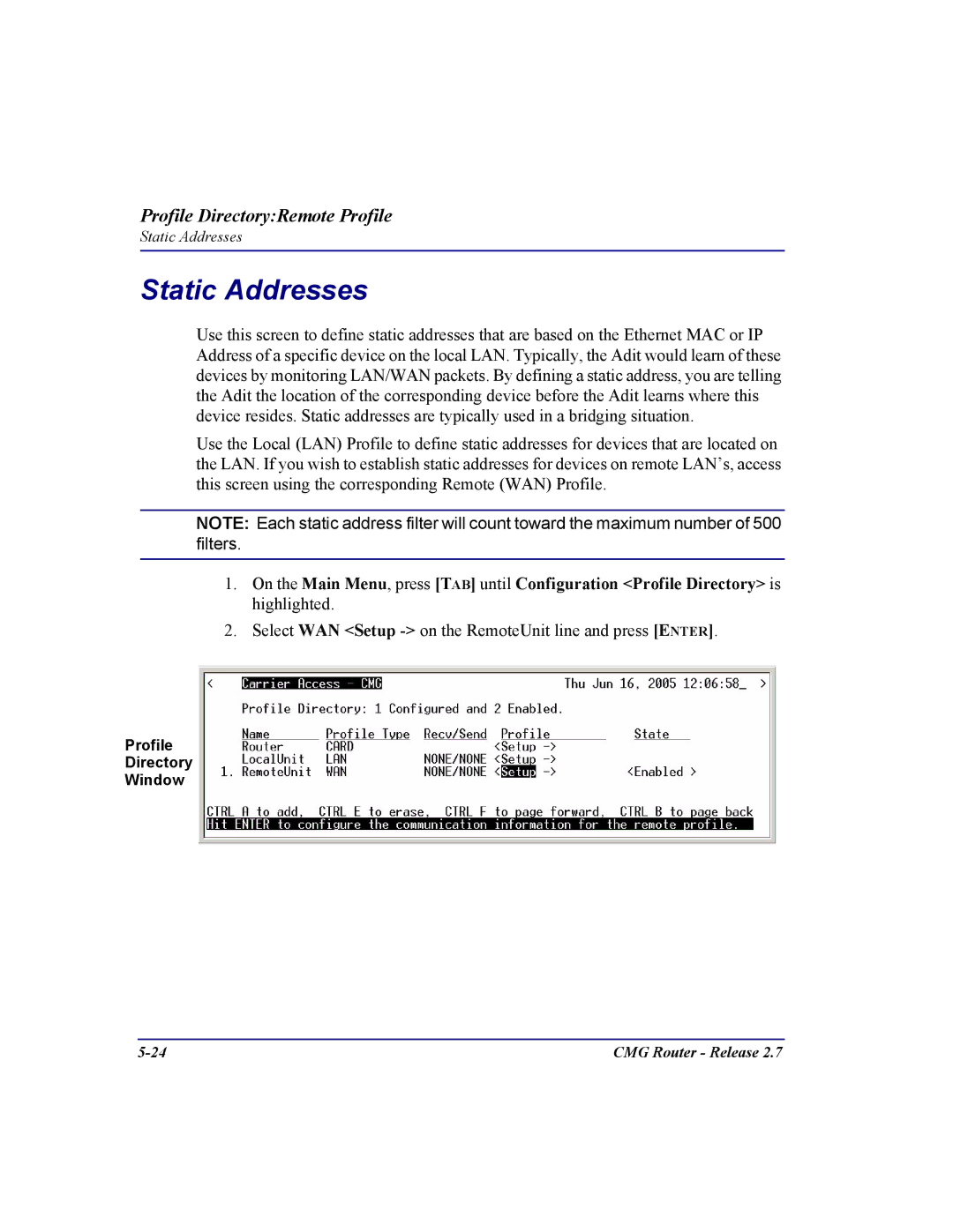 Carrier Access CMG Router user manual Static Addresses 