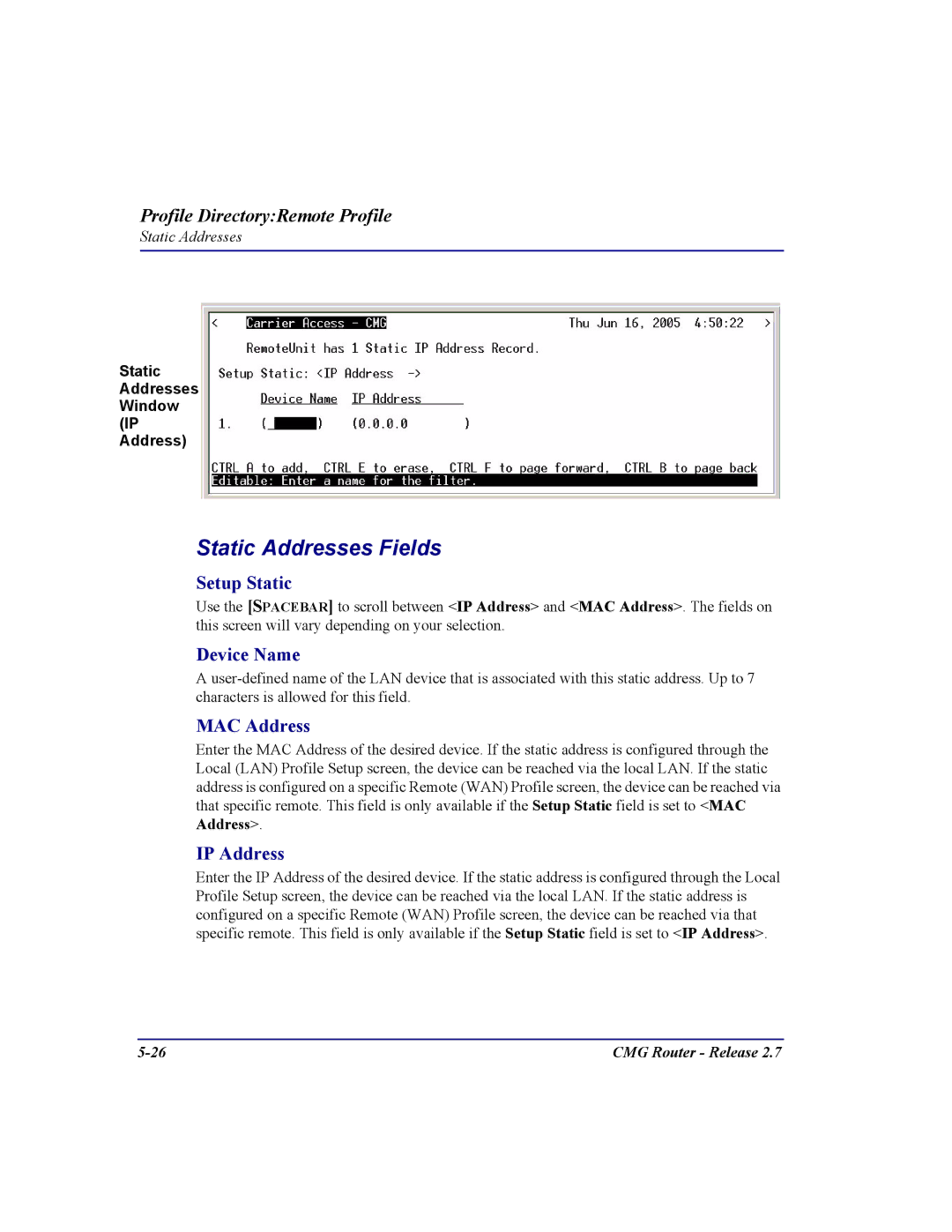 Carrier Access CMG Router user manual Static Addresses Window IP Address 