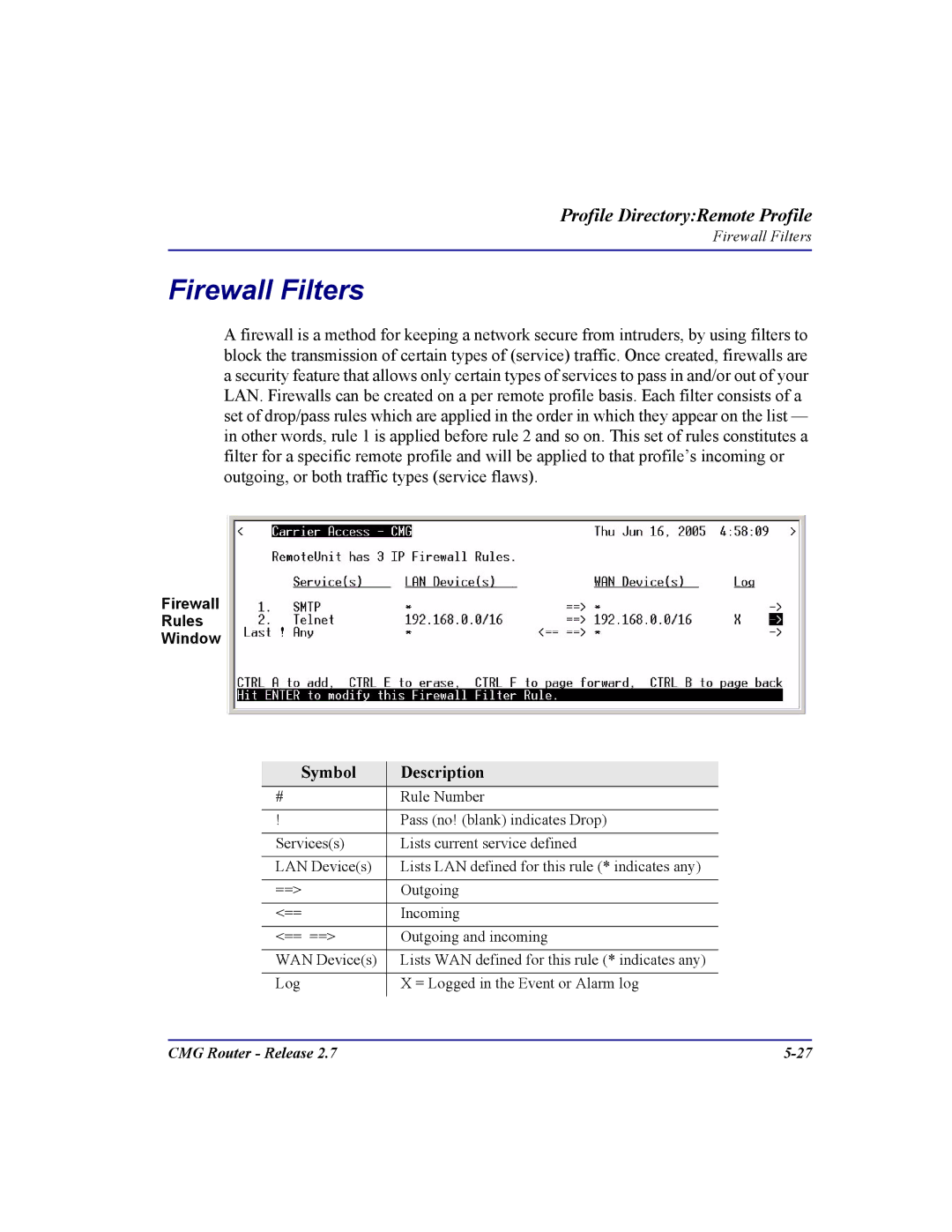 Carrier Access CMG Router user manual Firewall Filters, Symbol Description 