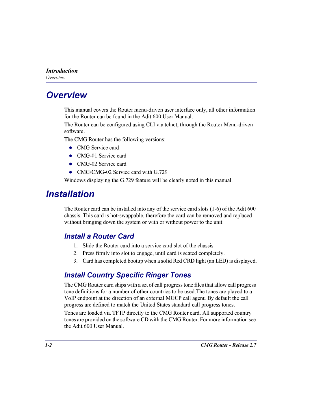 Carrier Access CMG Router user manual Overview, Installation, Install a Router Card, Install Country Specific Ringer Tones 