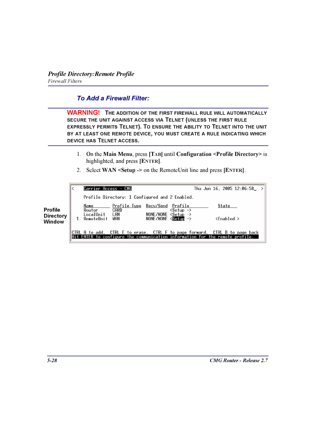 Carrier Access CMG Router user manual To Add a Firewall Filter 