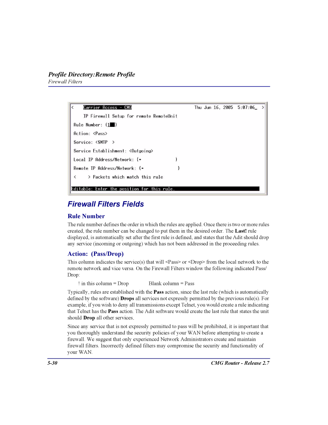 Carrier Access CMG Router user manual Firewall Filters Fields, Rule Number, Action Pass/Drop 