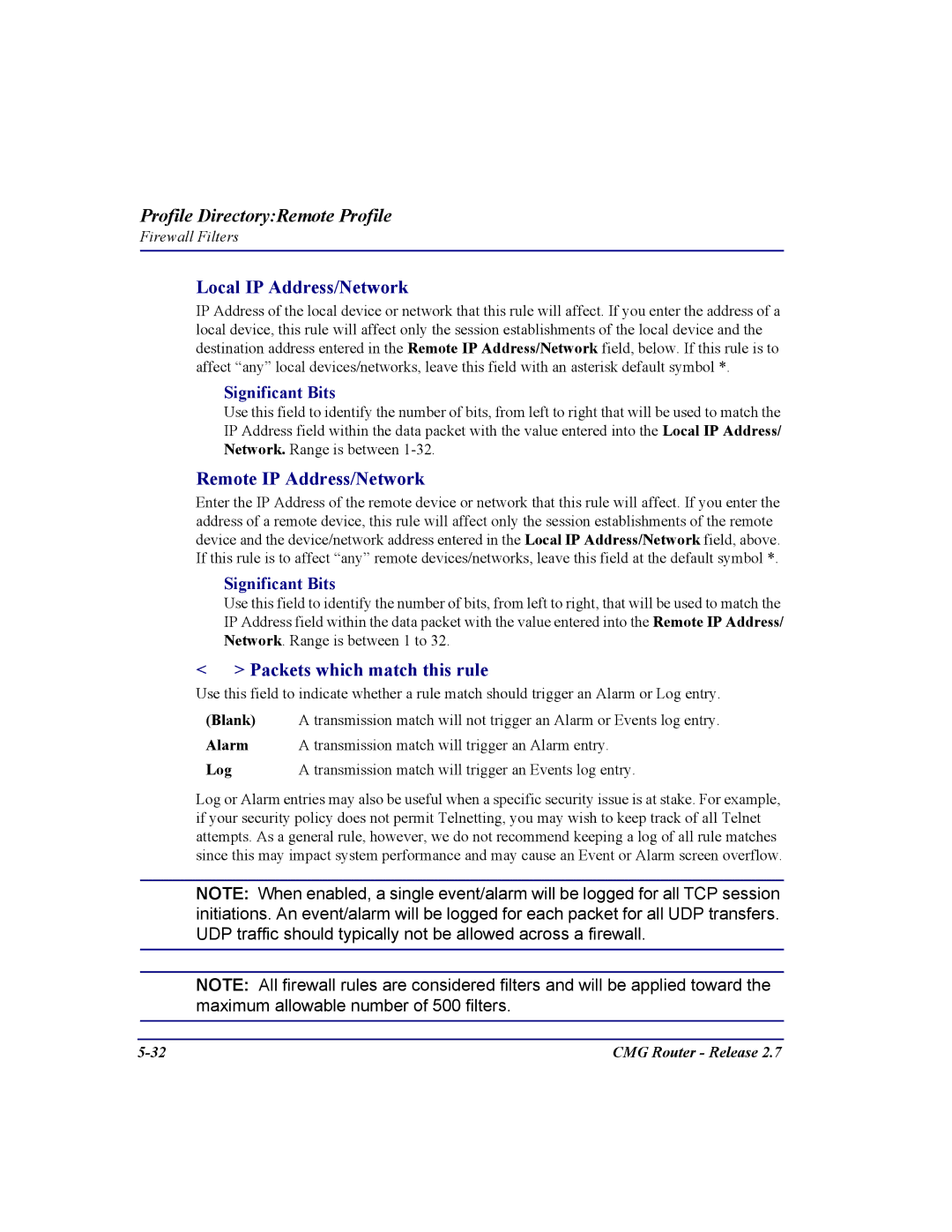 Carrier Access CMG Router user manual Local IP Address/Network, Remote IP Address/Network, Packets which match this rule 