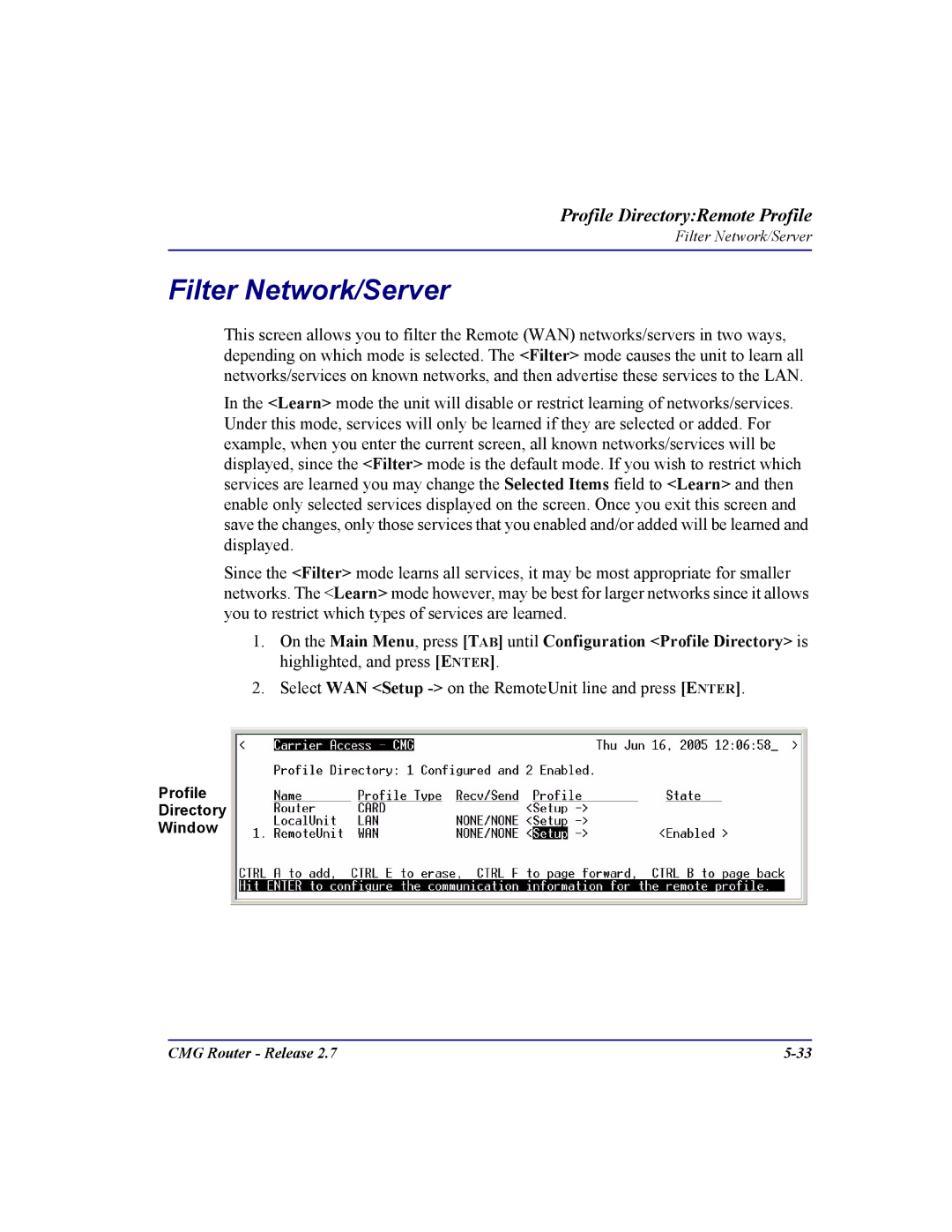 Carrier Access CMG Router user manual Filter Network/Server 