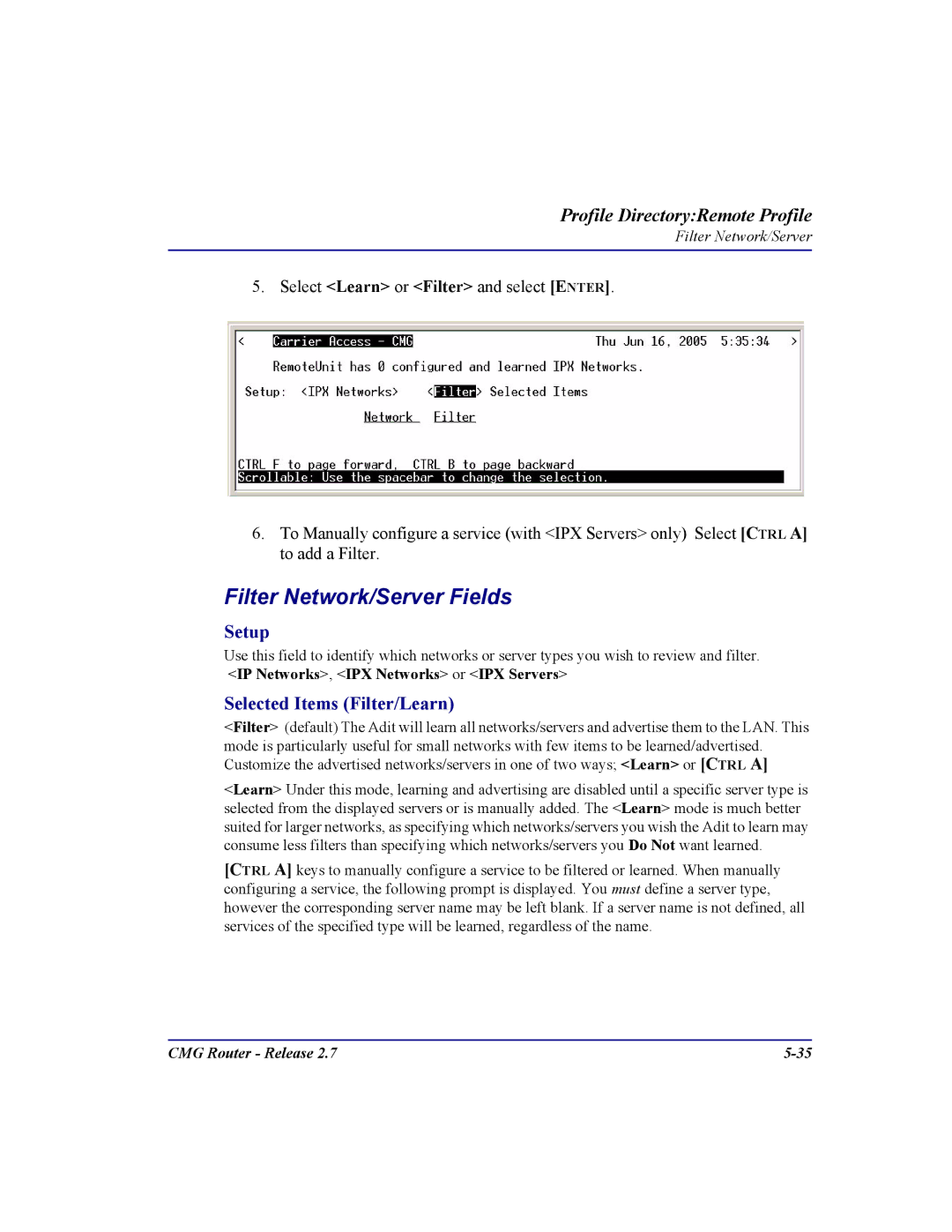 Carrier Access CMG Router user manual Filter Network/Server Fields, Selected Items Filter/Learn 