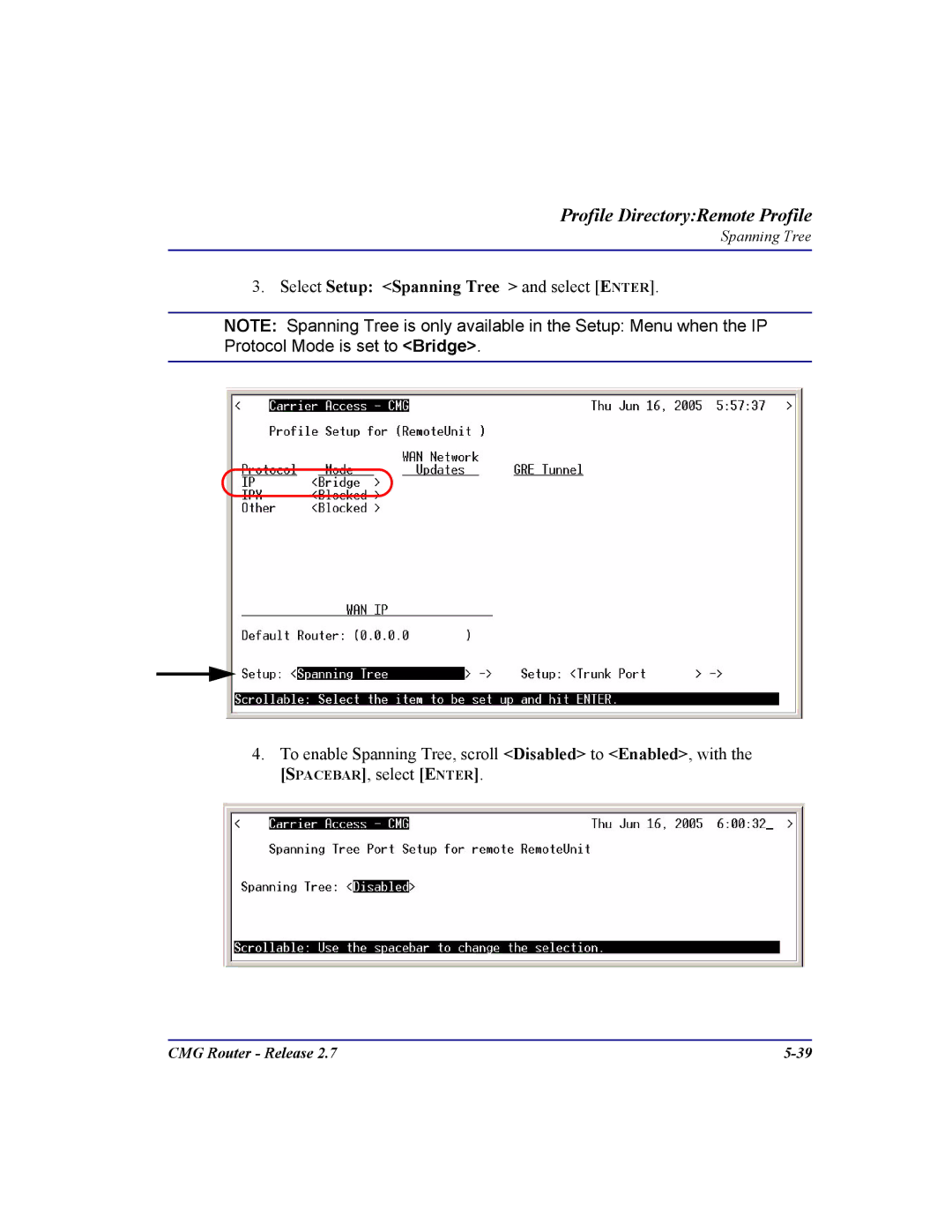 Carrier Access CMG Router user manual Select Setup Spanning Tree and select Enter 