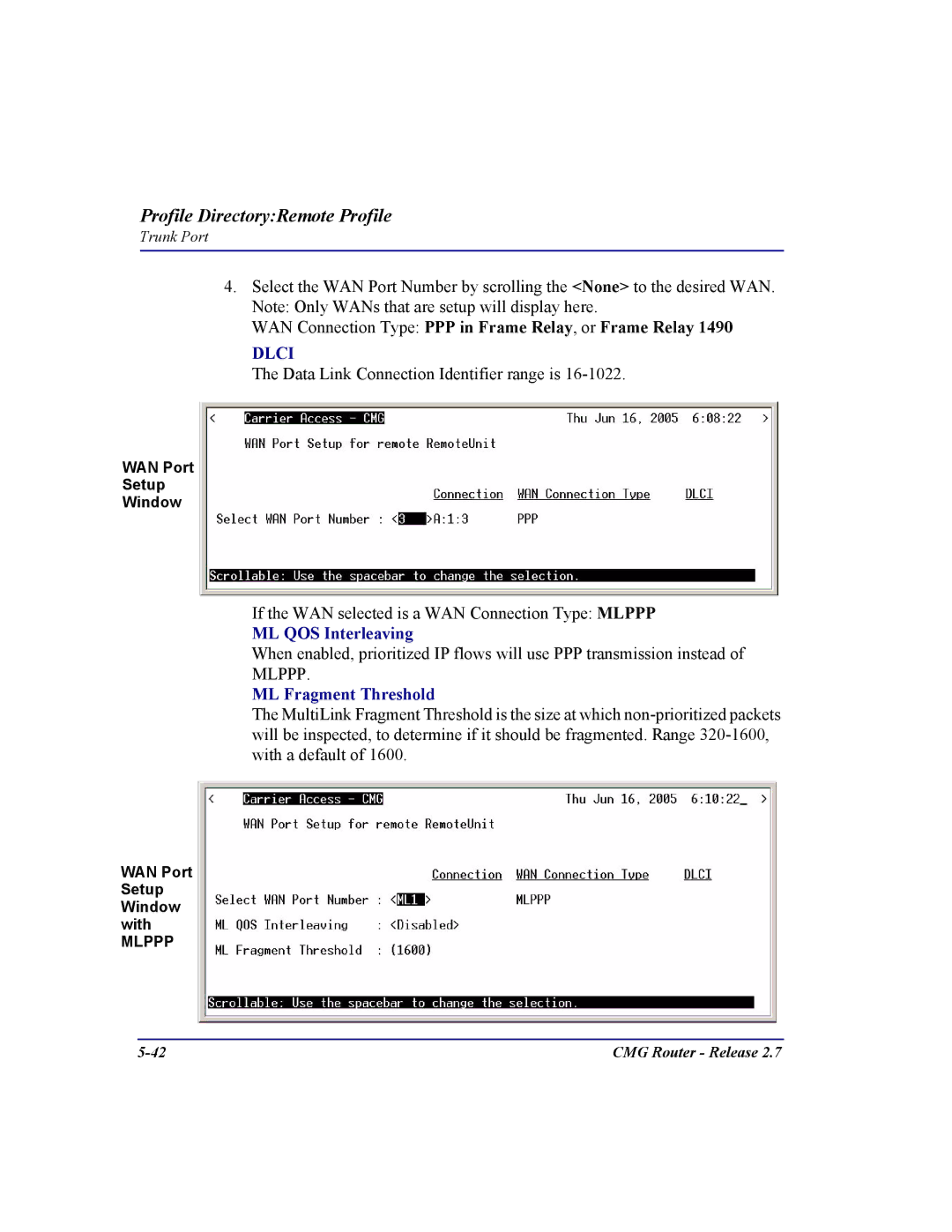 Carrier Access CMG Router user manual WAN Connection Type PPP in Frame Relay, or Frame Relay, ML QOS Interleaving 