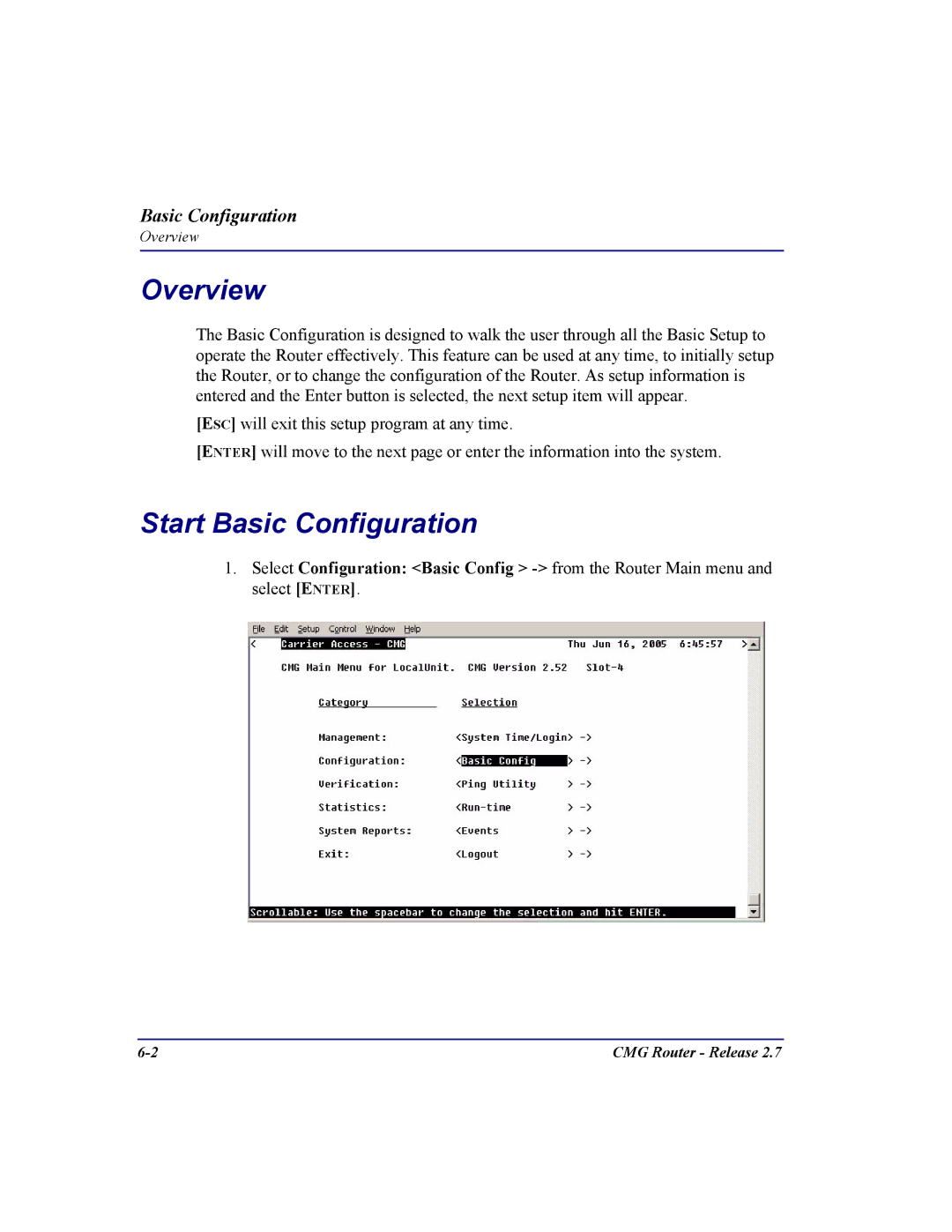 Carrier Access CMG Router user manual Overview, Start Basic Configuration 