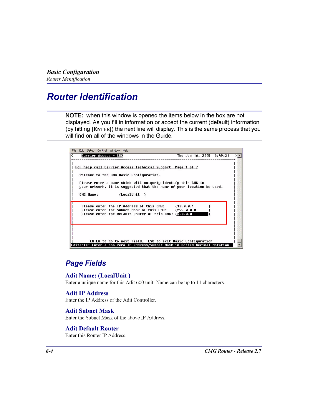 Carrier Access CMG Router user manual Router Identification, Fields 