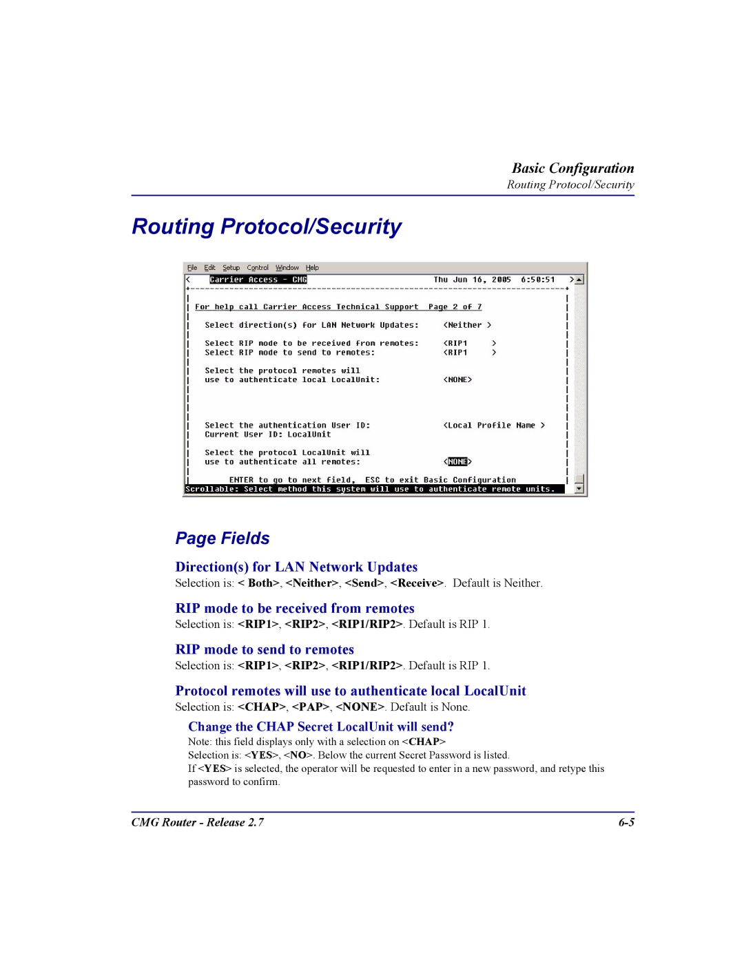 Carrier Access CMG Router Routing Protocol/Security, Directions for LAN Network Updates, RIP mode to send to remotes 