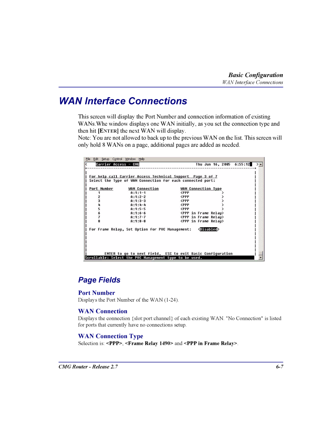 Carrier Access CMG Router user manual WAN Interface Connections, Port Number 