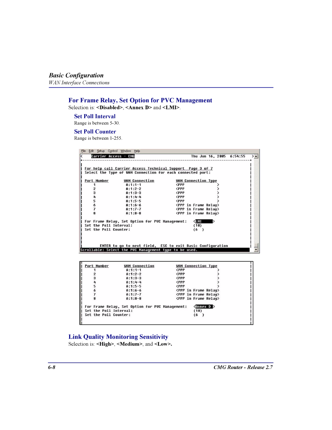 Carrier Access CMG Router user manual For Frame Relay, Set Option for PVC Management, Link Quality Monitoring Sensitivity 