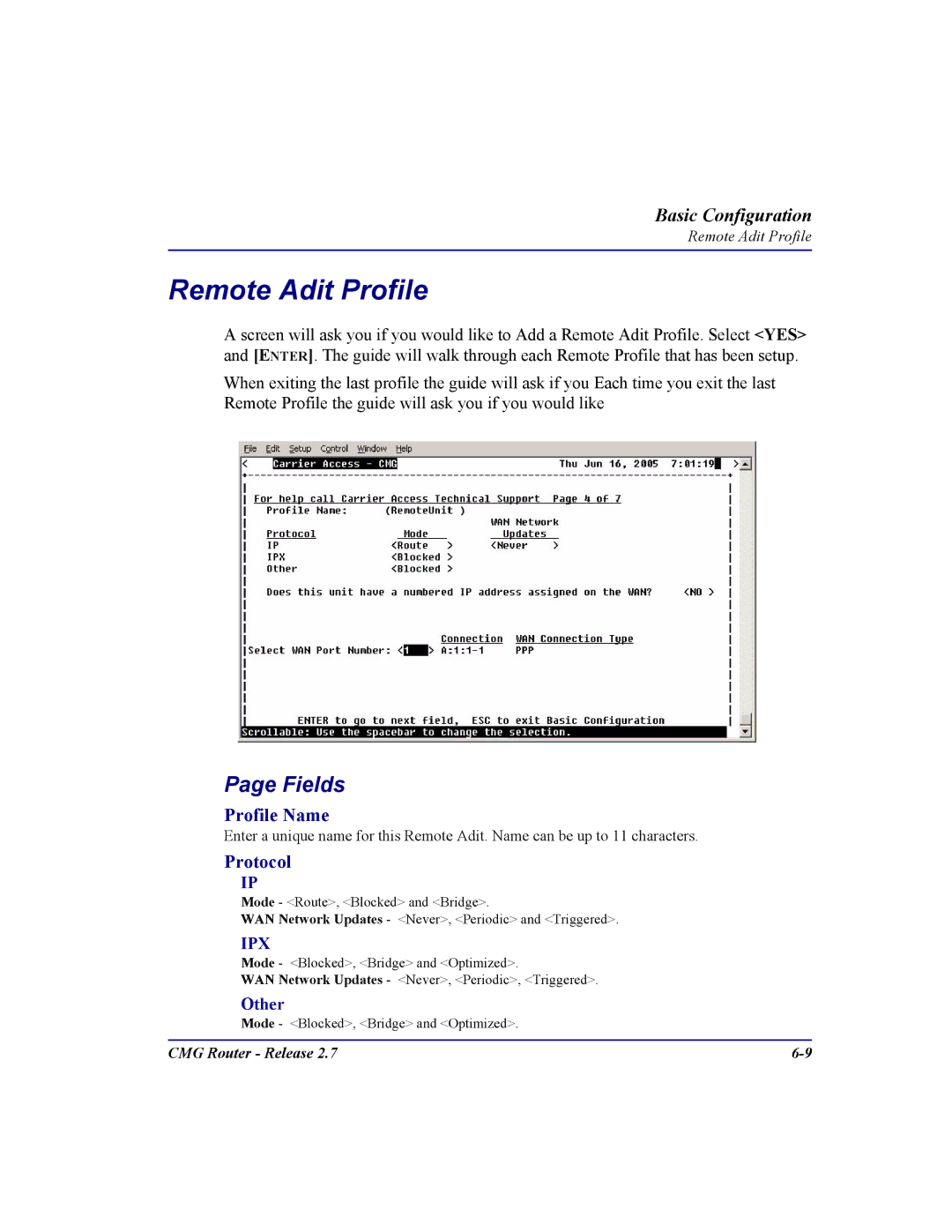 Carrier Access CMG Router user manual Remote Adit Profile, Profile Name, Other 