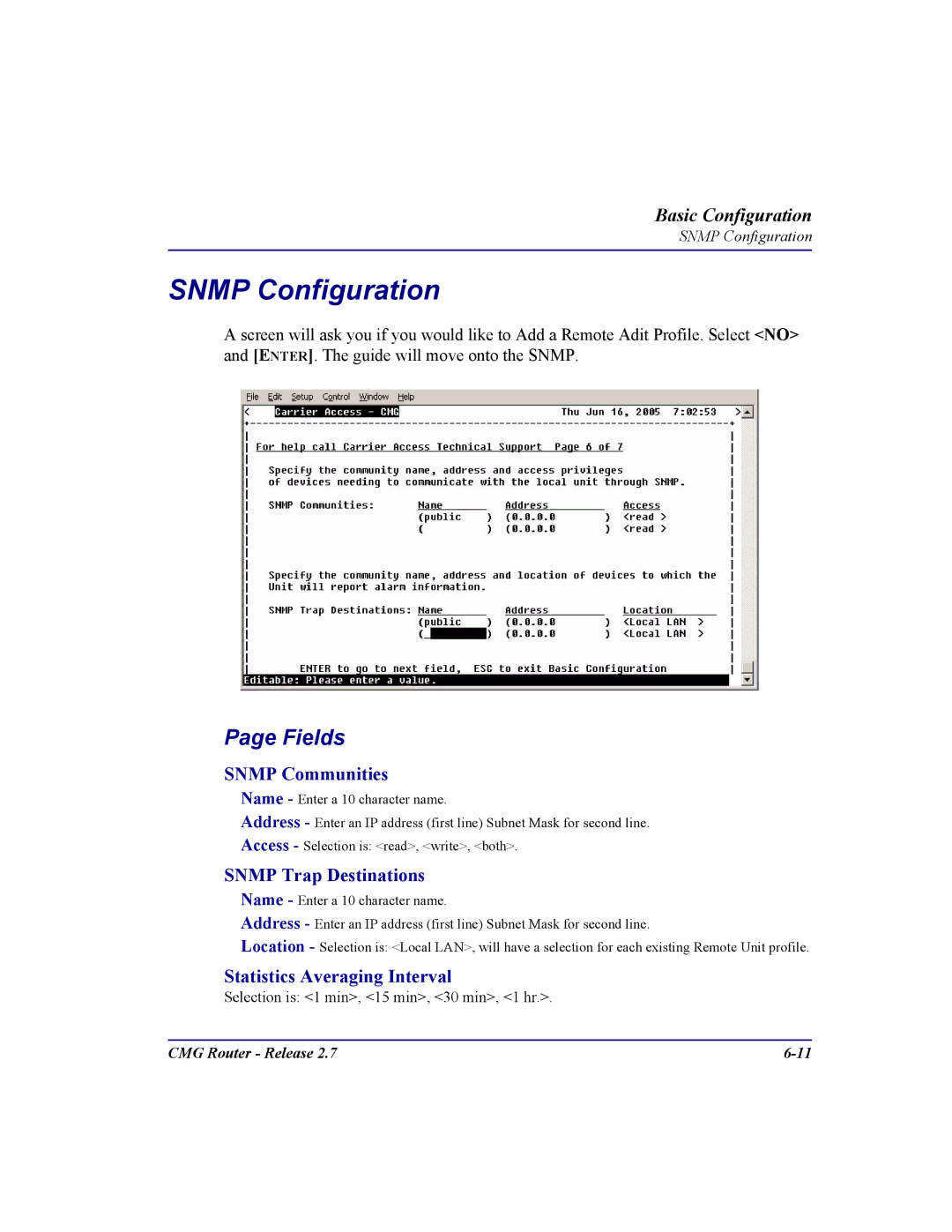 Carrier Access CMG Router user manual Snmp Configuration, Snmp Communities, Statistics Averaging Interval 