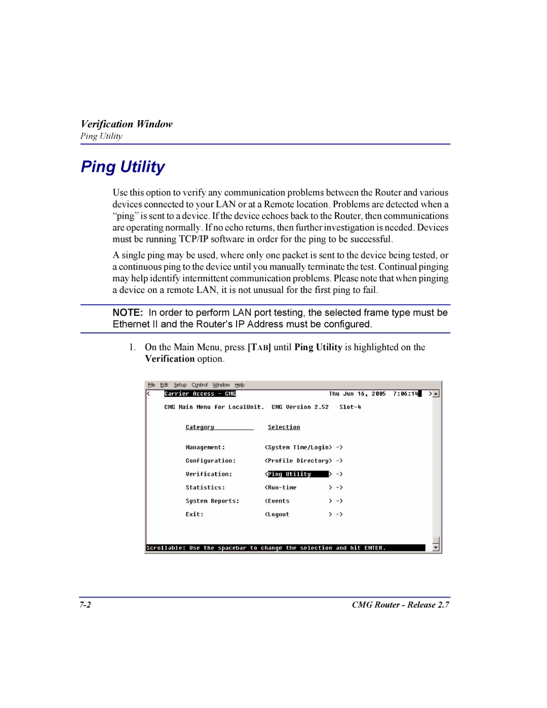 Carrier Access CMG Router user manual Ping Utility 