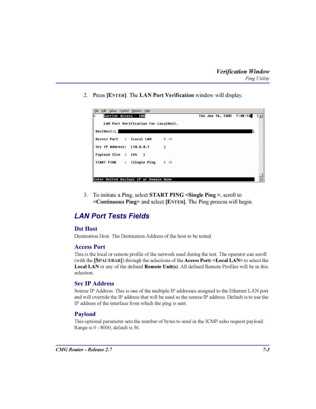 Carrier Access CMG Router user manual LAN Port Tests Fields, Dst Host, Access Port, Src IP Address, Payload 