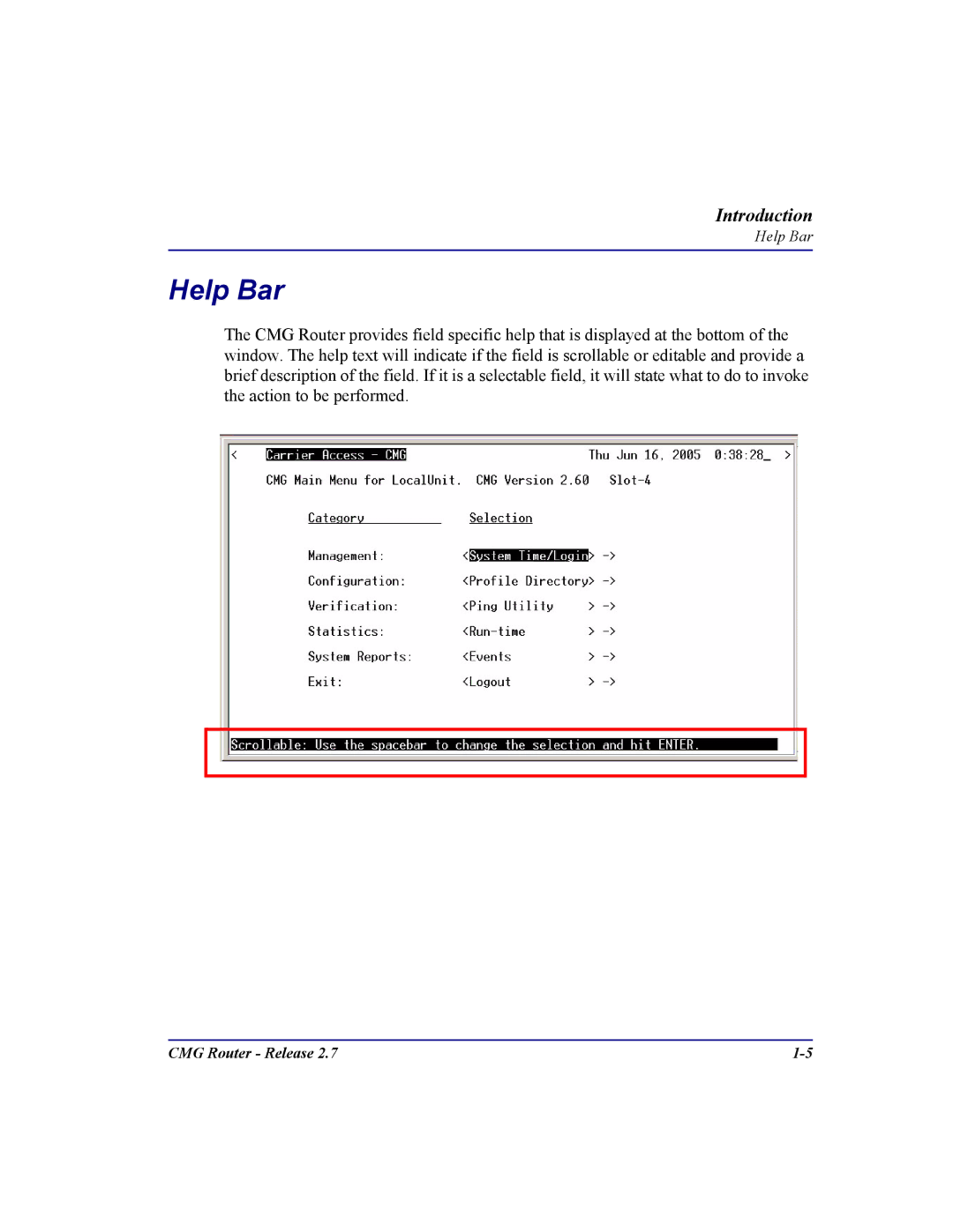 Carrier Access CMG Router user manual Help Bar 