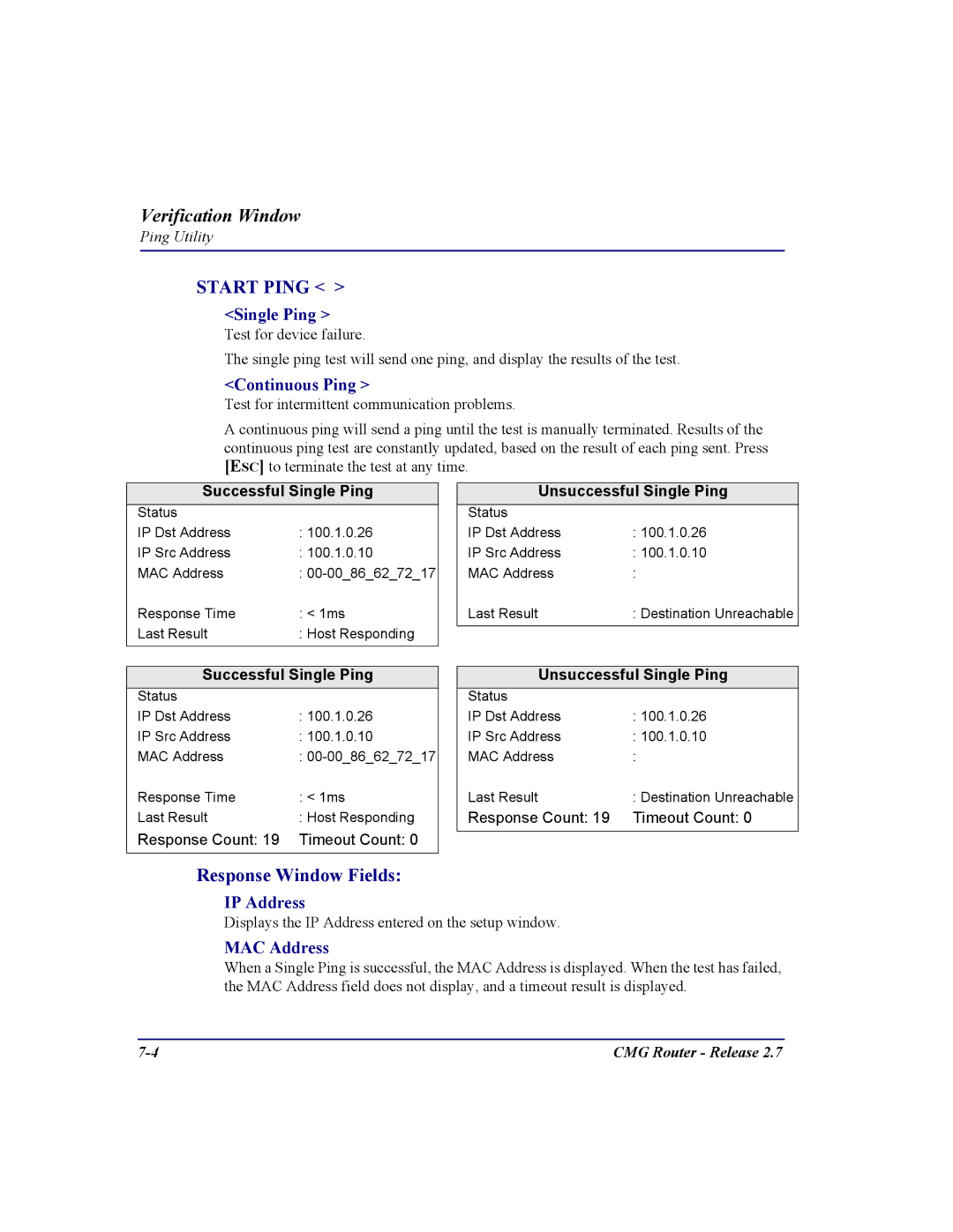 Carrier Access CMG Router user manual Response Window Fields, Single Ping, Continuous Ping 