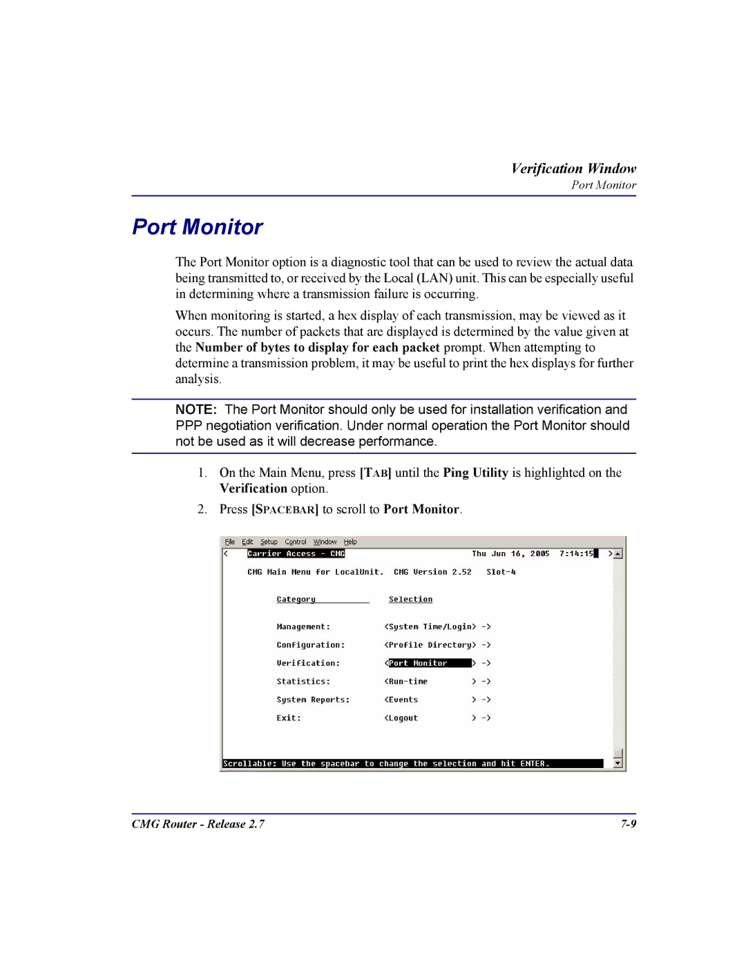 Carrier Access CMG Router user manual Port Monitor 