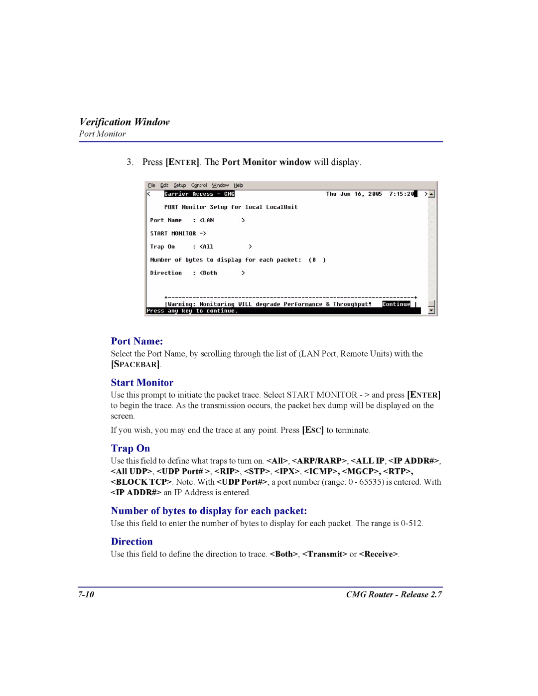 Carrier Access CMG Router Port Name, Start Monitor, Trap On, Number of bytes to display for each packet, Direction 