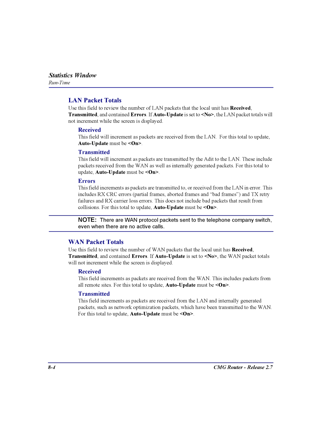 Carrier Access CMG Router user manual LAN Packet Totals, WAN Packet Totals, Received, Transmitted, Errors 