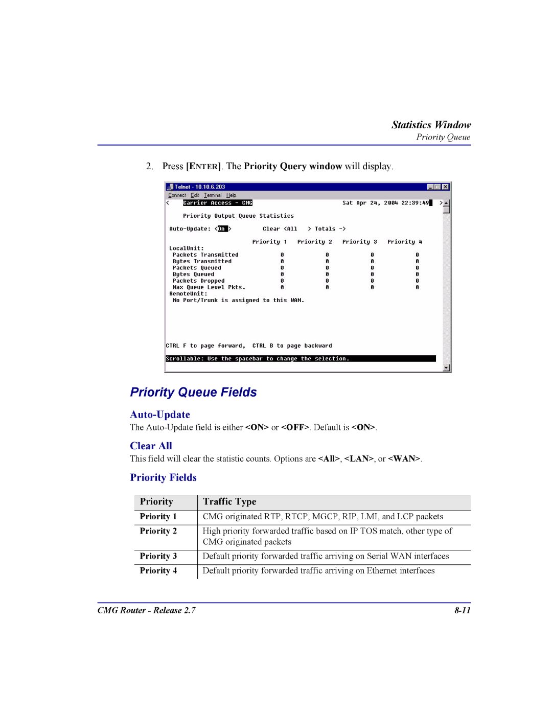 Carrier Access CMG Router user manual Priority Queue Fields, Clear All, Priority Fields, Priority Traffic Type 