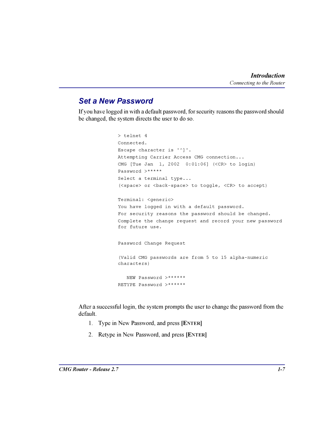 Carrier Access CMG Router user manual Set a New Password 