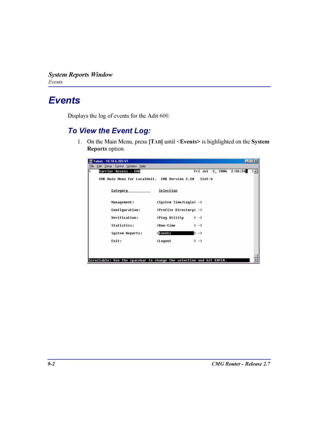 Carrier Access CMG Router user manual Events, To View the Event Log 