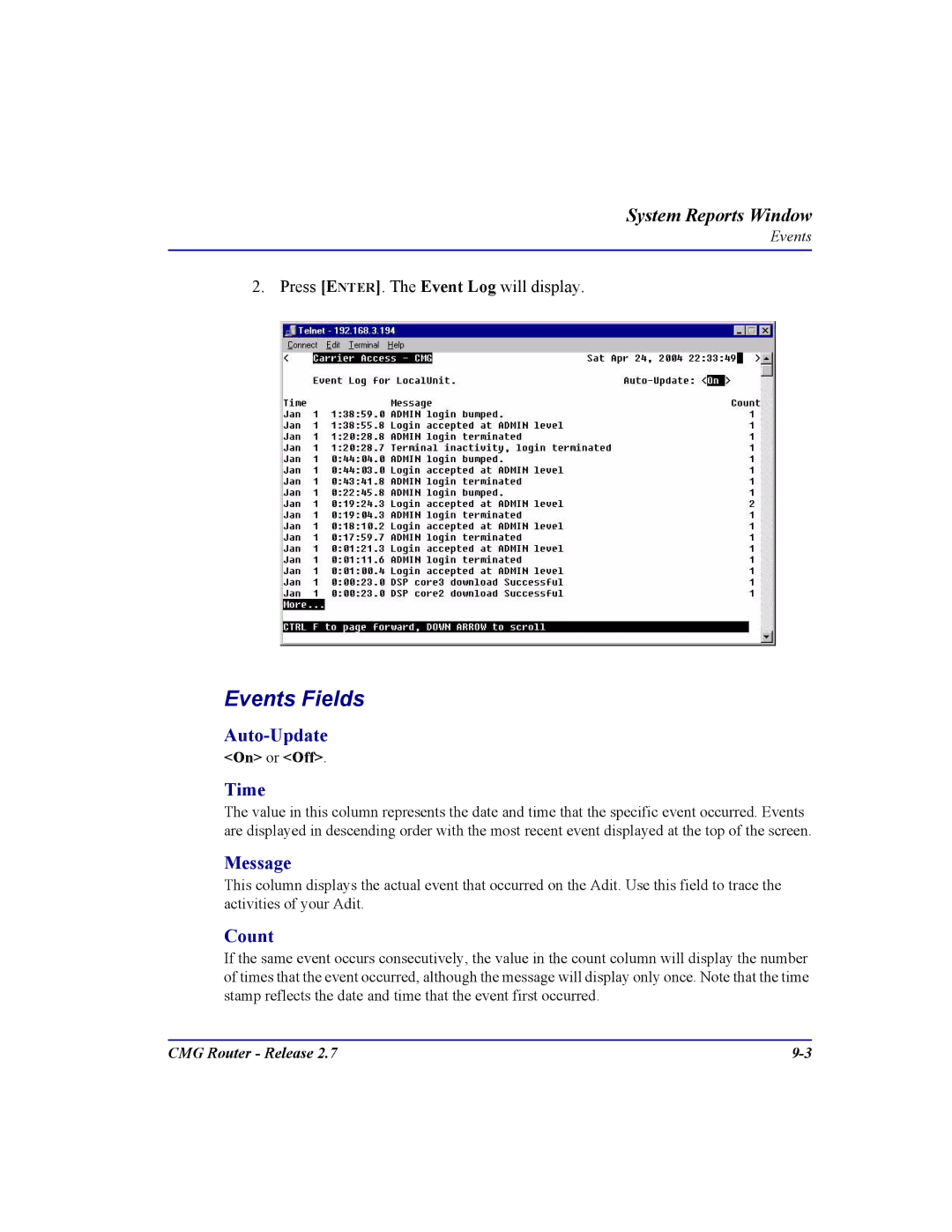 Carrier Access CMG Router user manual Events Fields, Time, Message, Count 