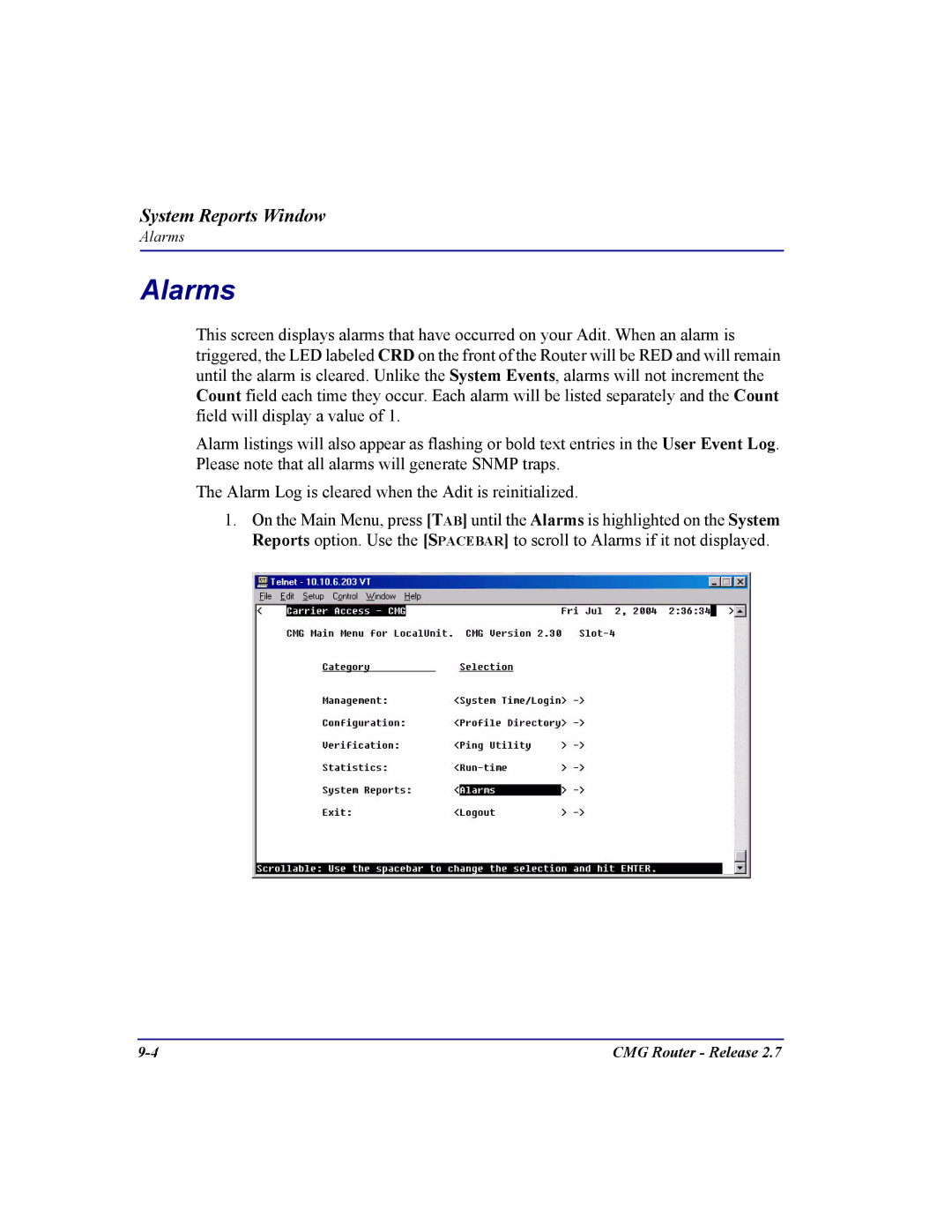 Carrier Access CMG Router user manual Alarms 