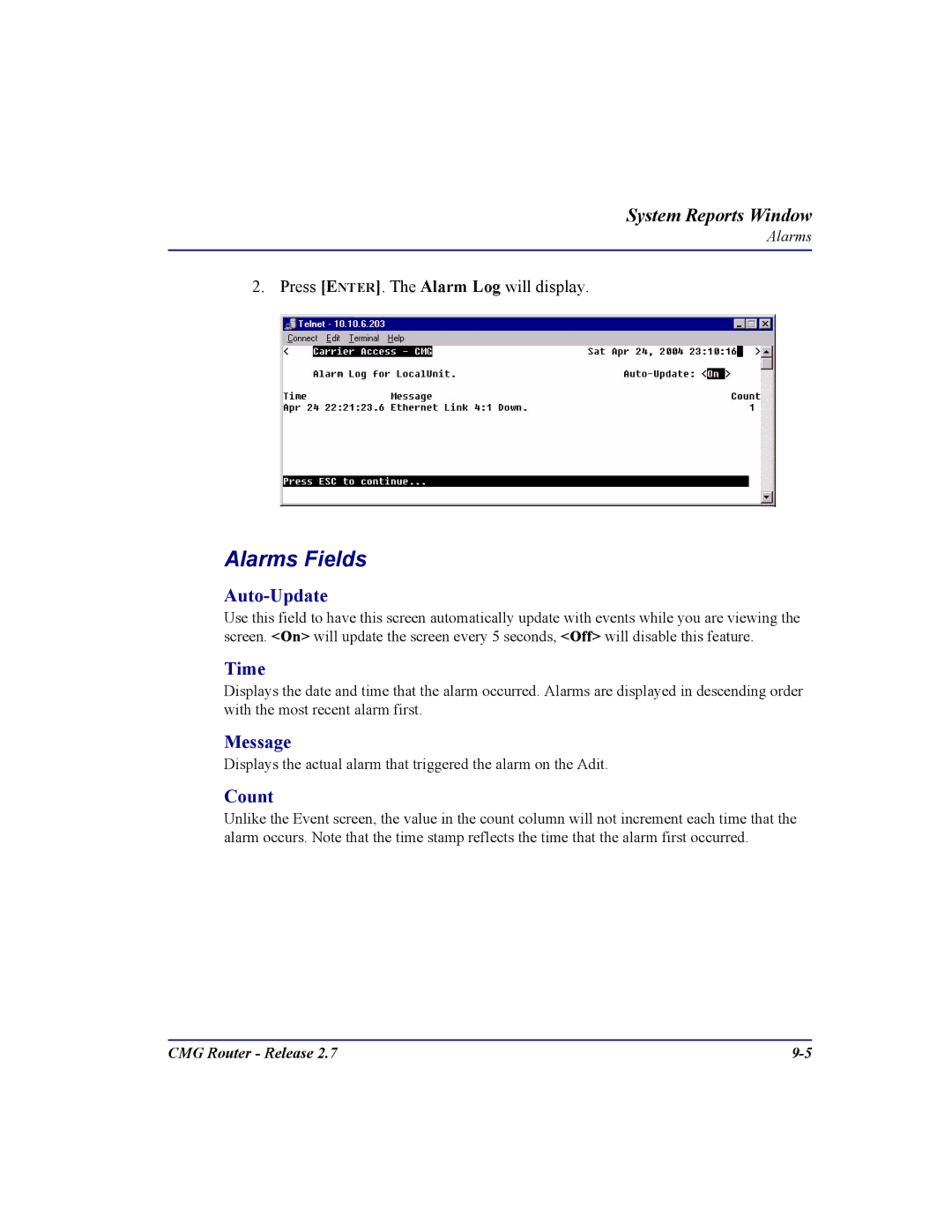 Carrier Access CMG Router user manual Alarms Fields 