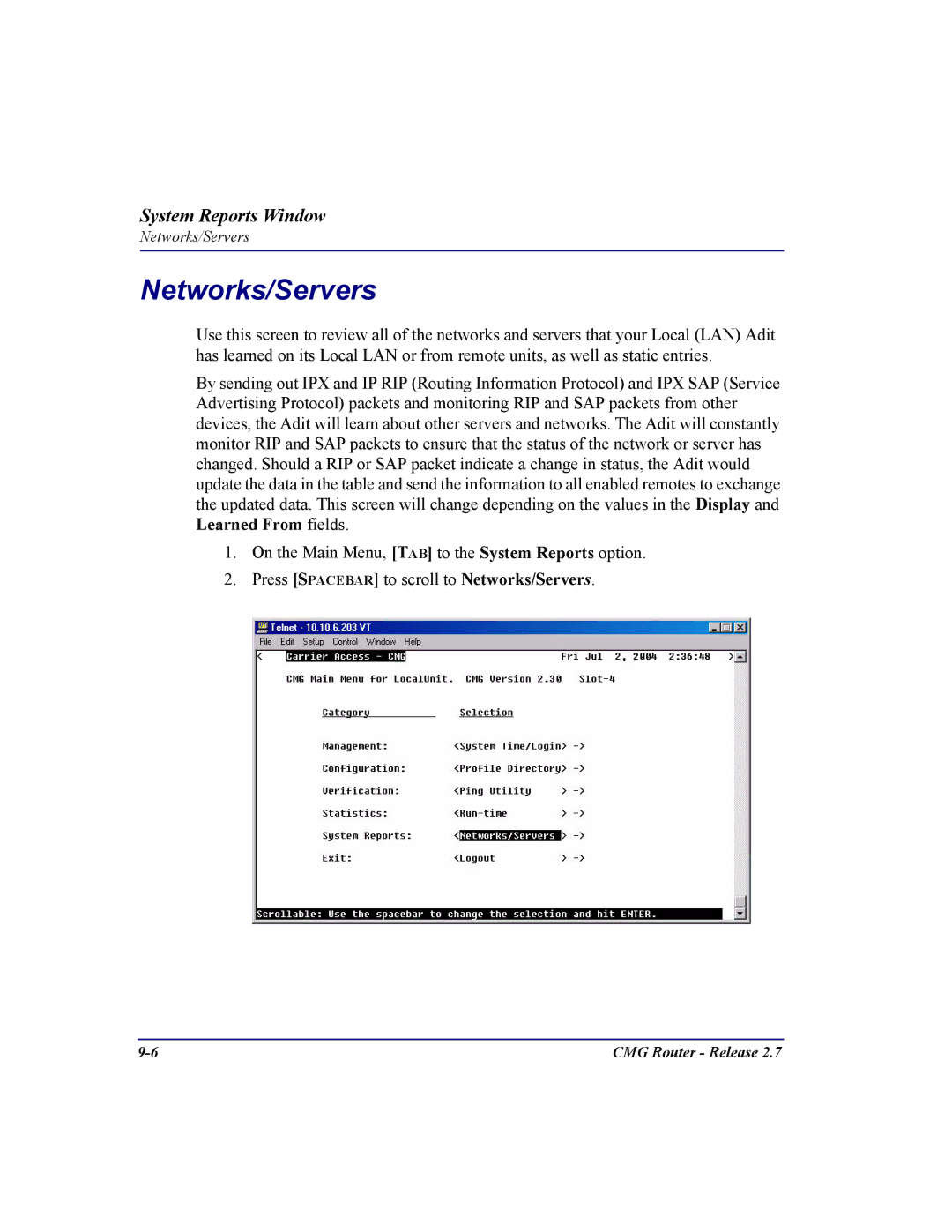 Carrier Access CMG Router user manual Networks/Servers 