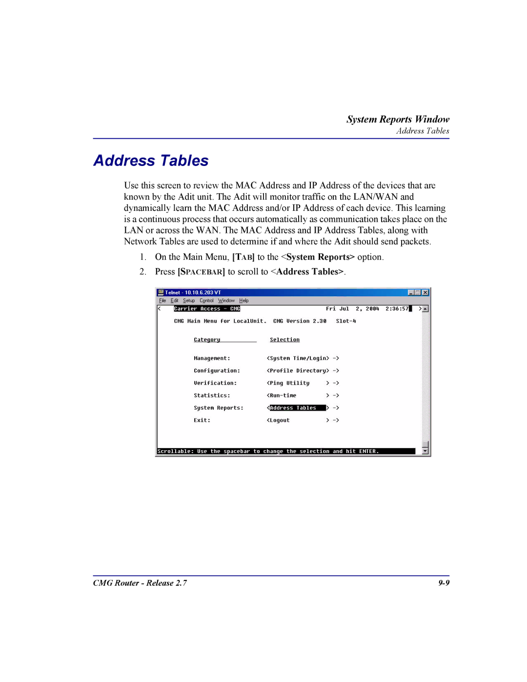 Carrier Access CMG Router user manual Address Tables 