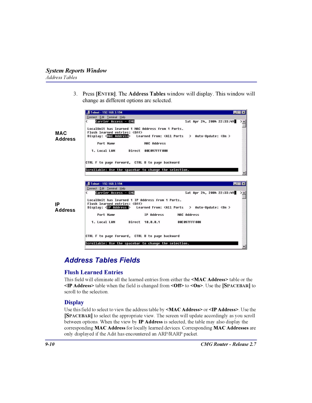 Carrier Access CMG Router user manual Address Tables Fields, Flush Learned Entries 