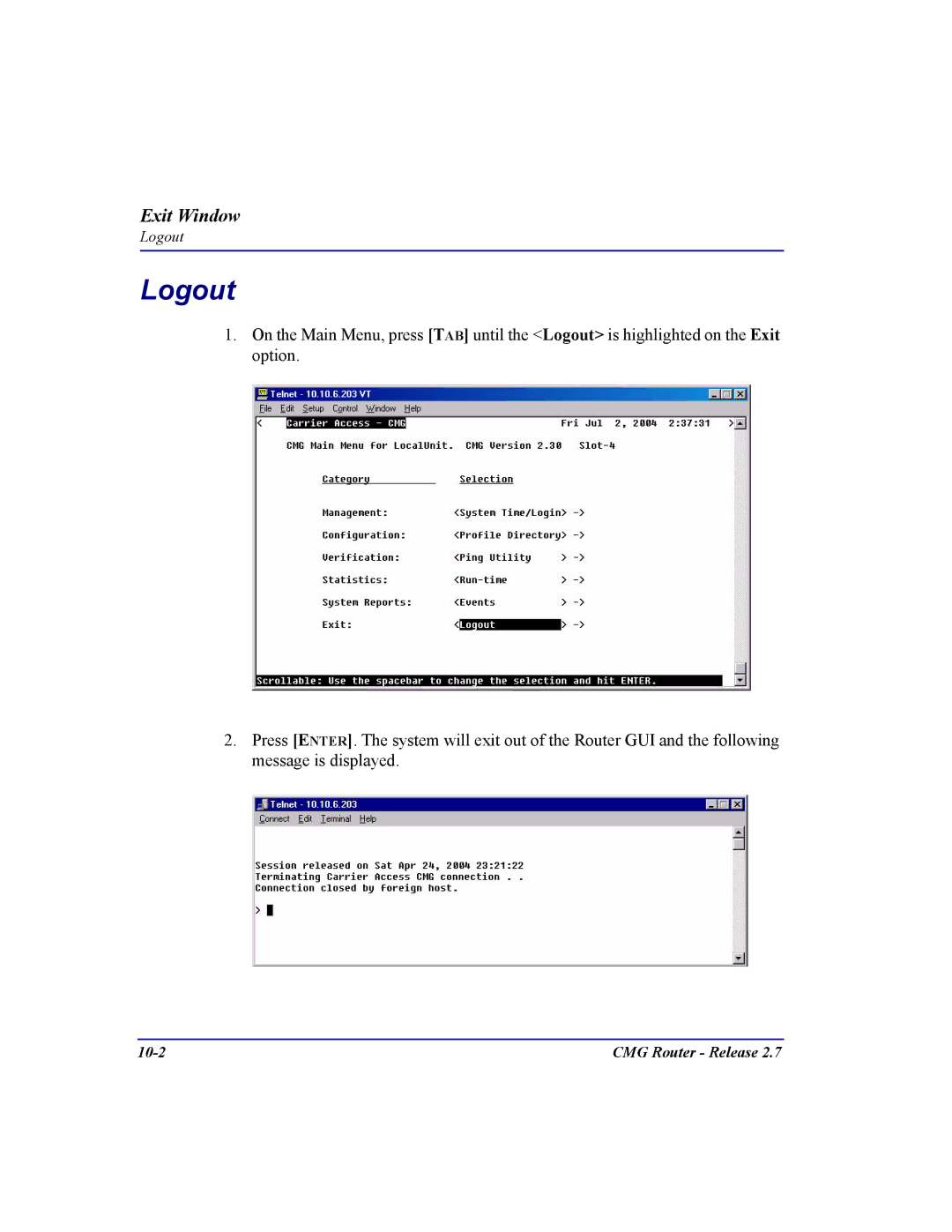 Carrier Access CMG Router user manual Logout 