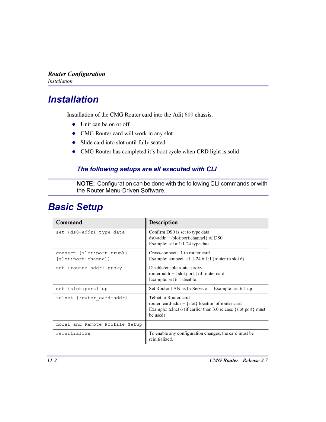 Carrier Access CMG Router user manual Basic Setup, Command Description 