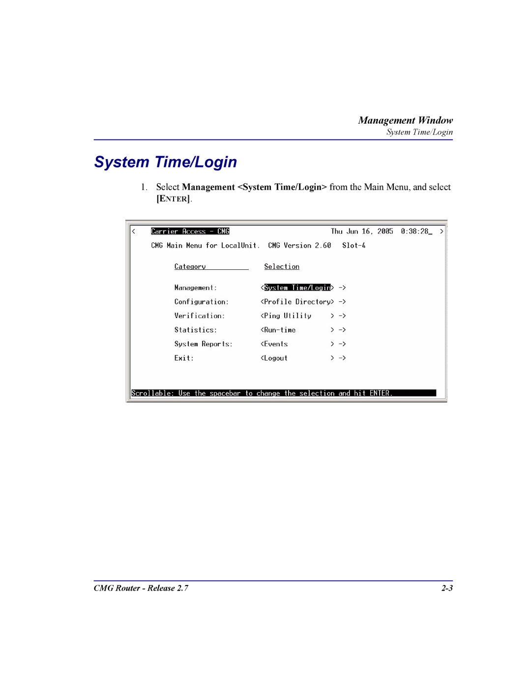 Carrier Access CMG Router user manual System Time/Login 