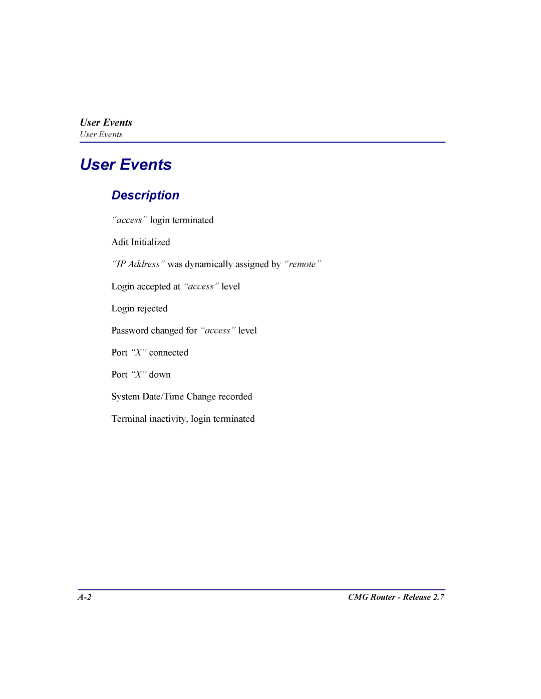 Carrier Access CMG Router user manual User Events, Description 