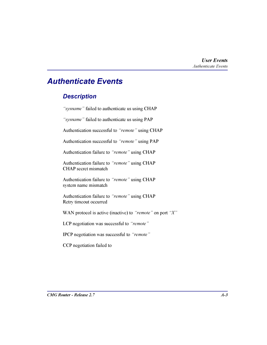 Carrier Access CMG Router user manual Authenticate Events 