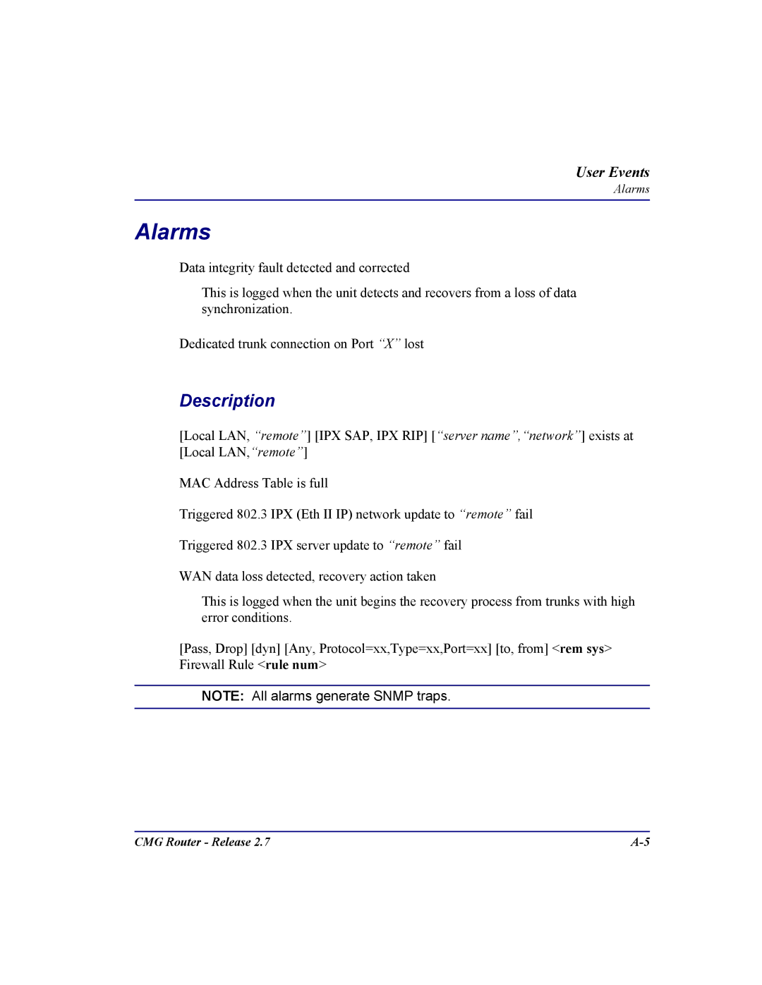 Carrier Access CMG Router user manual Alarms 