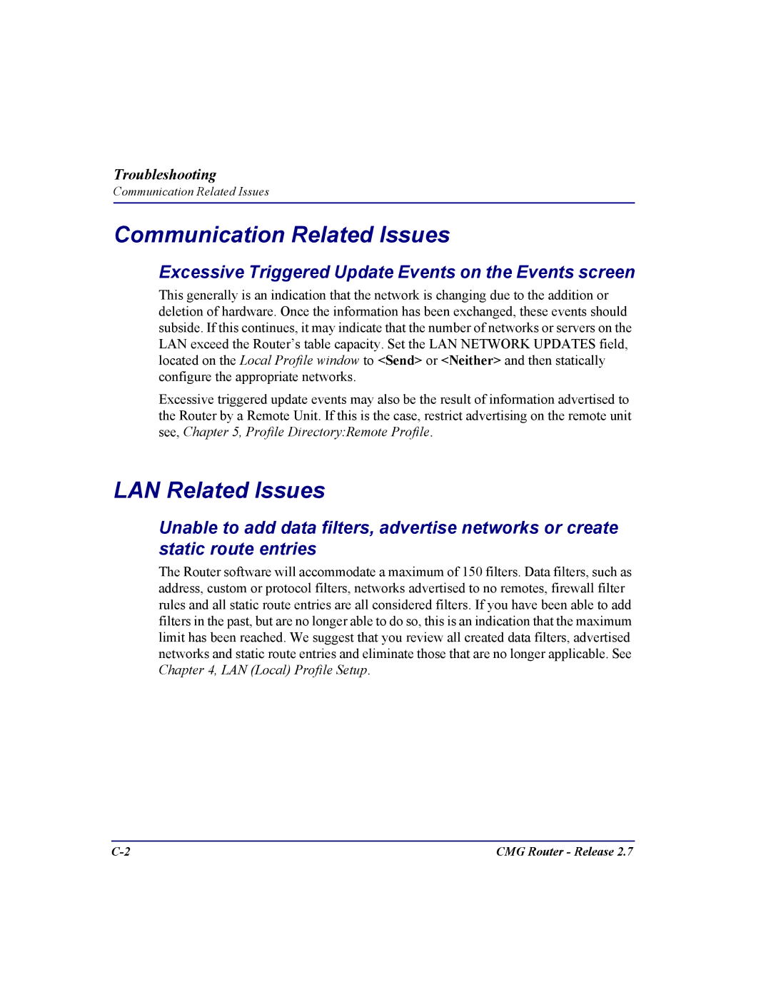 Carrier Access CMG Router user manual Communication Related Issues, LAN Related Issues 